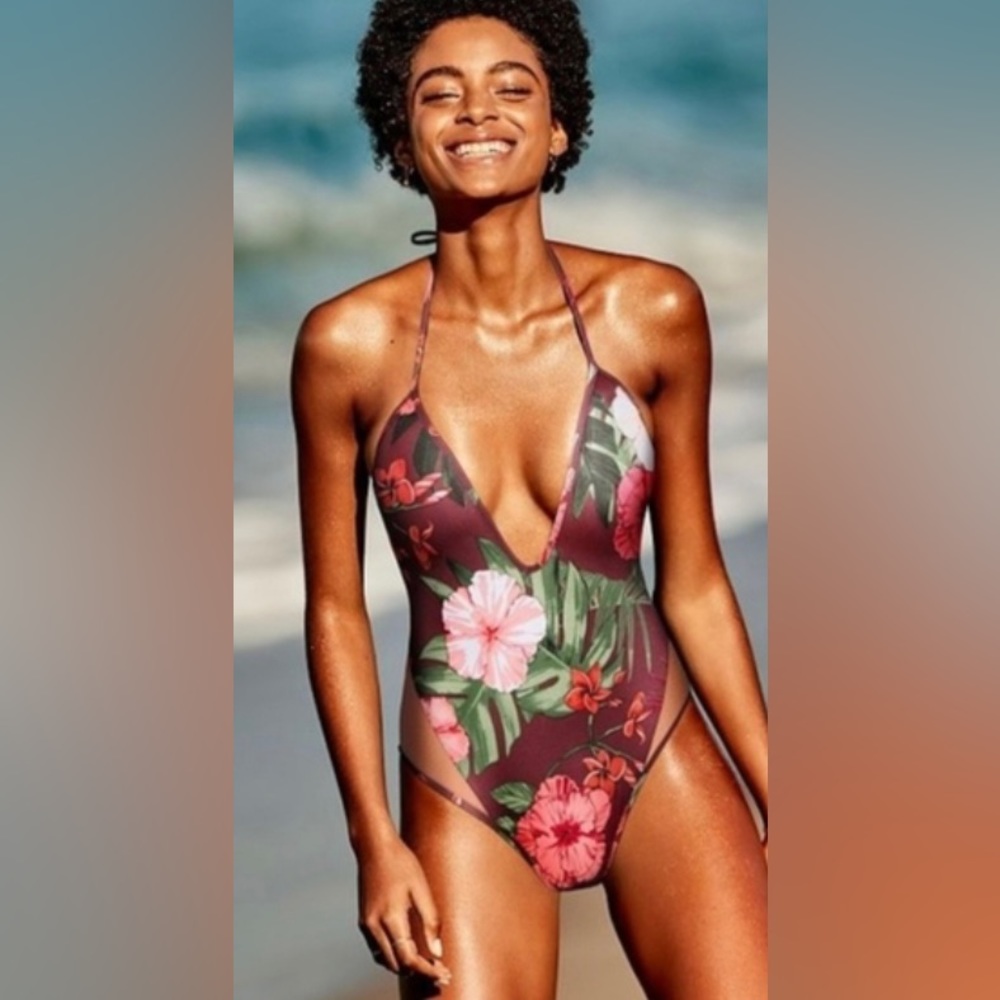 NWT Victoria’s Secret PINK Mesh Plunge One-piece Swimsuit Floral Medium